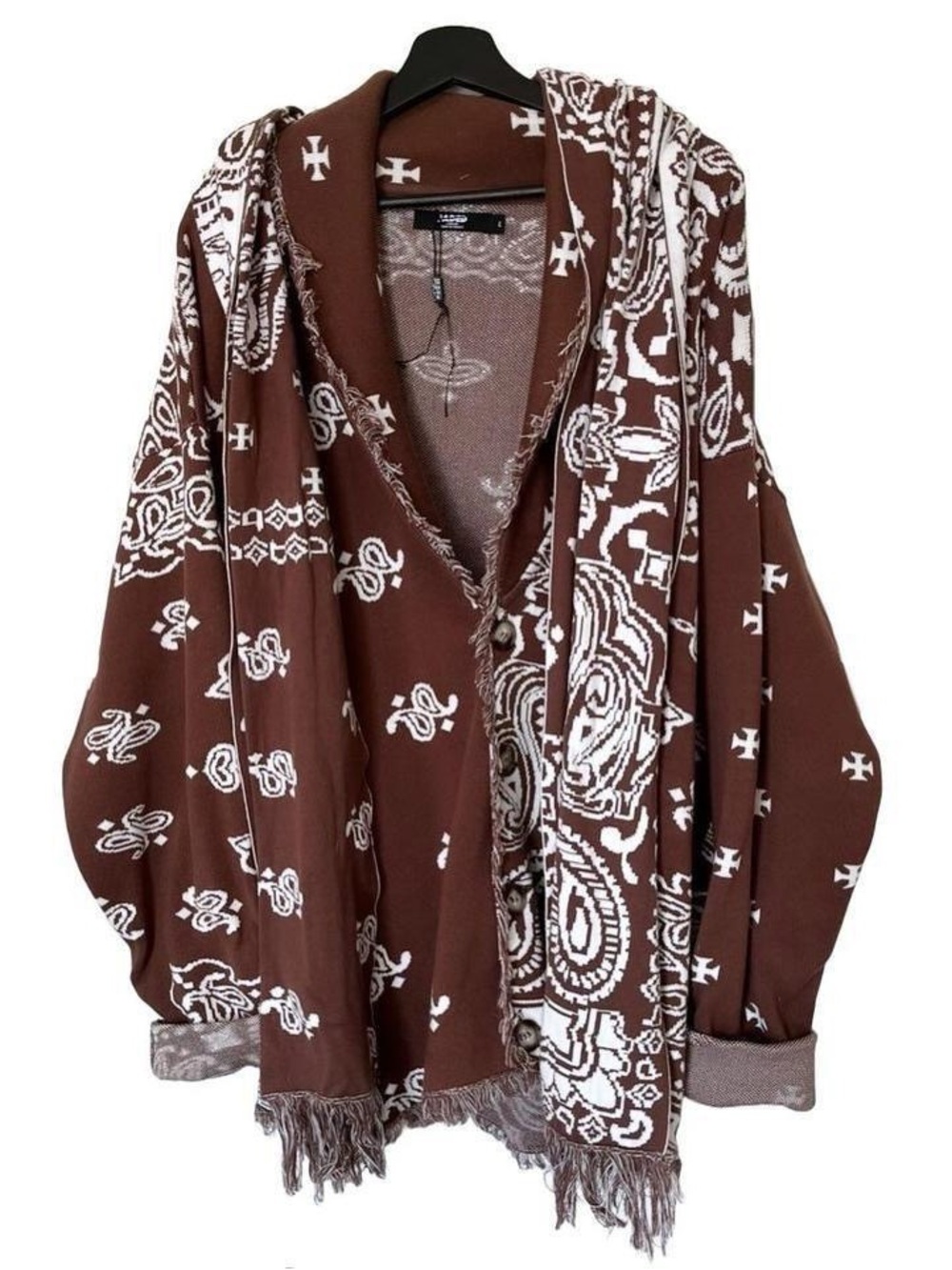 Jaded London Brown Paisley Shawl-Collar Cardigan Jacket Boho Fringe Tapestry - Picture 6 of 8